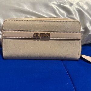 GUESS Beige Logo Zip-Around Wallet with Gold Logo